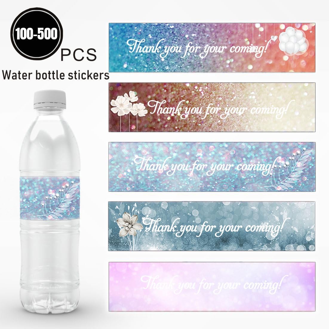 100-500PCS Personalized Water Bottle Labels, Custom Water Bottle Label Stickers with Text, Waterproof Bottles Stickers for Business Weddings Birthday Anniversary (Multicolor, 8.5"×2.5")