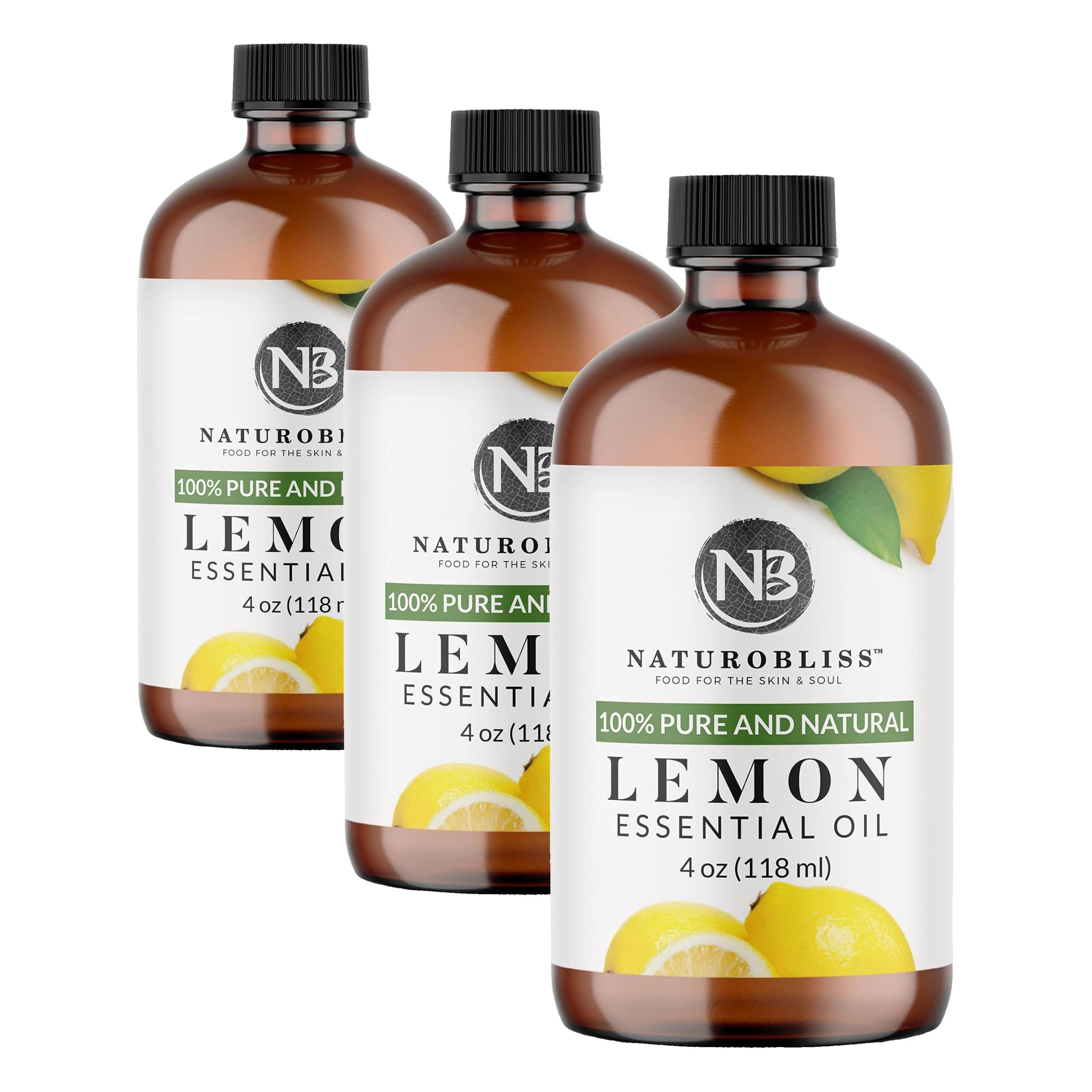 NaturoBliss 100% Pure Lemon Essential Oil Therapeutic Grade Premium Quality (4 fl. oz) with Glass Dropper, Perfect for Aromatherapy (Pack of 3)
