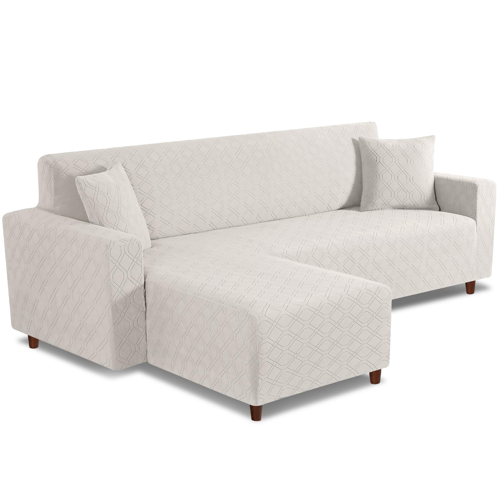 Couch Cover L Shape Washable Sofa Cover 1-Piece L Shape Sofa Slipcover Furniture Protector Stretch Couch Slipcover with 2Pcs Pillowcases(Left Facing L Shape Cover, Off White)