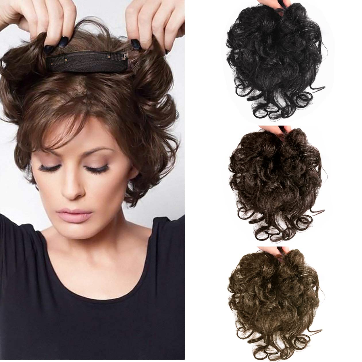 Women Short Human Hair Topper Curly Hair Closure Clip in Top Hairpiece Natural Weaving Replacement Wiglet Hairpiece for Thinning Hair 13x14cm Light Brown 10"