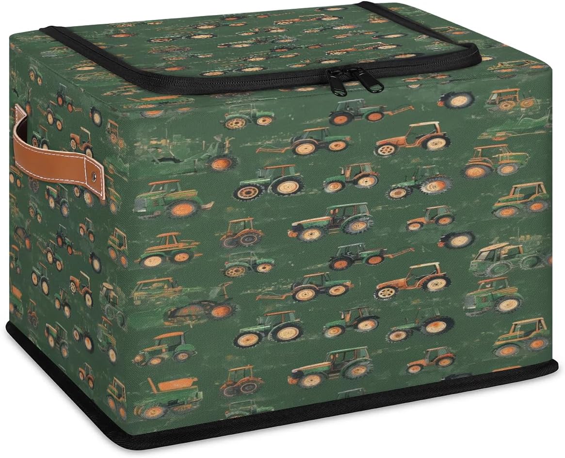 Tractor Pattern Storage Box with Lid and Handles Foldable Cloth Storage Basket Bin Bags for Shelves Closet Shelf Toys Clothes Bed Sheets Organizer 2 Pack
