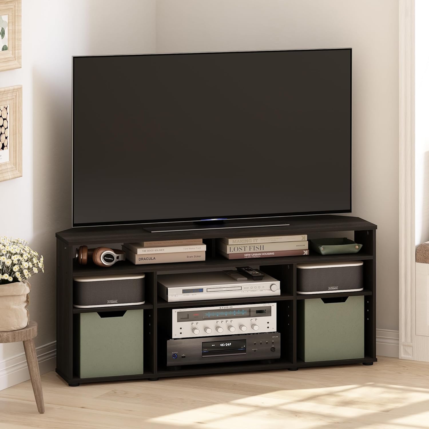 Furinno Jensen TV Stand, 4-Tier Corner Entertainment Center with Open Shelf, TV Console for TV up to 55 Inch, Open Back, for Living Room, Bedroom, Espresso
