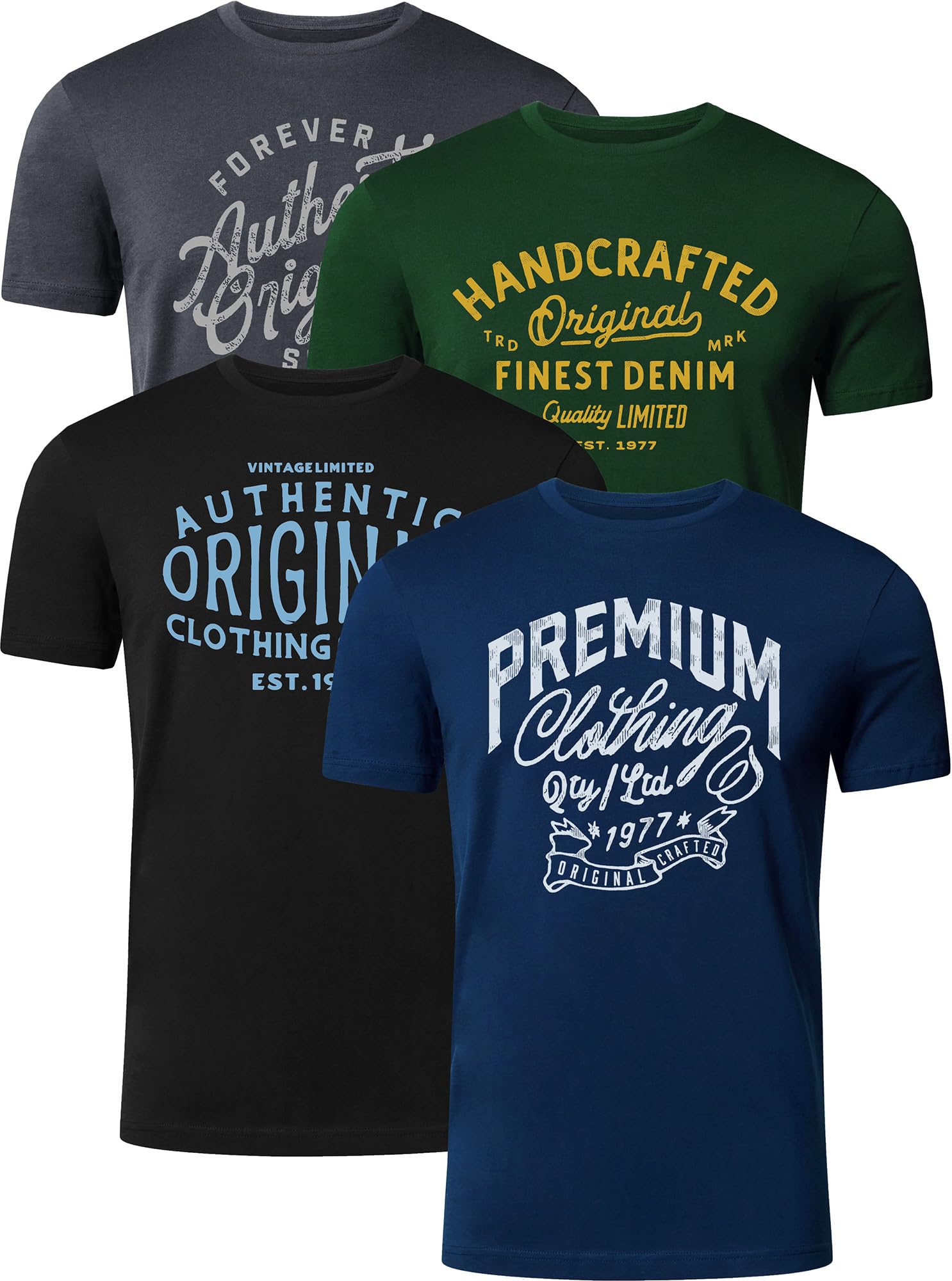 FULL TIME SPORTS Pack de 4 Camisetas Estampadas Hombre, Manga Corta, 100% Algodón, PRINT-002