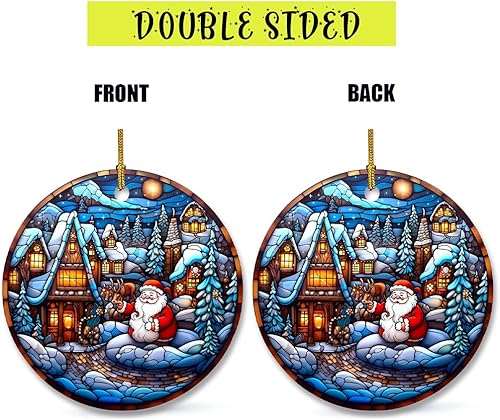 Miniatura 5 de Adorno de cerámica de Papá Noel y reno para decoración de árbol de Navidad, patrones de vidrieras, adorno de cerámica de escena de nieve para