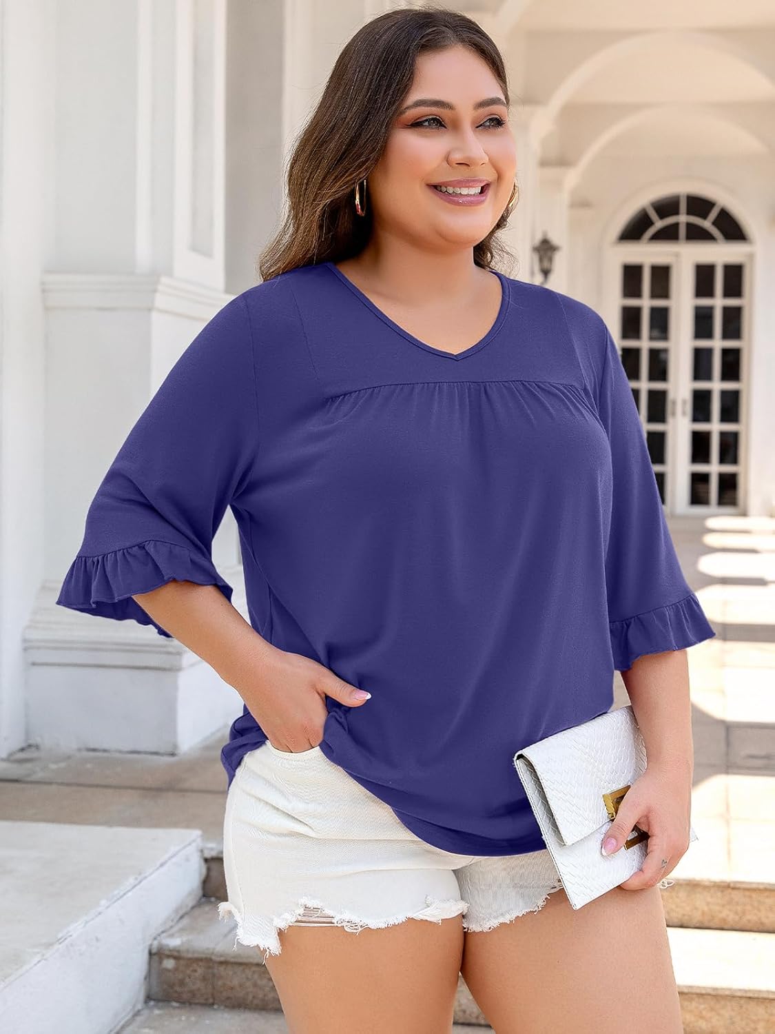 Chulianyouhuo Womens Plus Size Tops 3/4 Sleeve Casual Shirts V Neck Ruffle Loose Fit Tunic Blouse XL-5X - Image 3