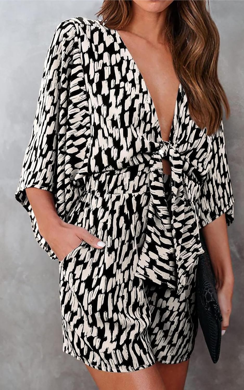 PRETTYGARDEN Women's Leopard Print Shorts Jumpsuit Wrap V Neck 3/4 Sleeve Casual Loose Oversized Romper With Pockets