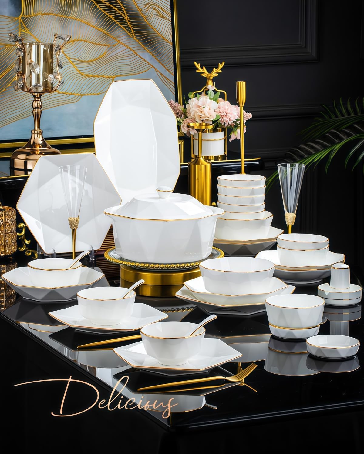 ディナーウェア食器セット釉下北欧手描きボーンチャイナ食器8/16/18/36点セット 高級 家庭用 ディナープレート 箸2/ 4/6