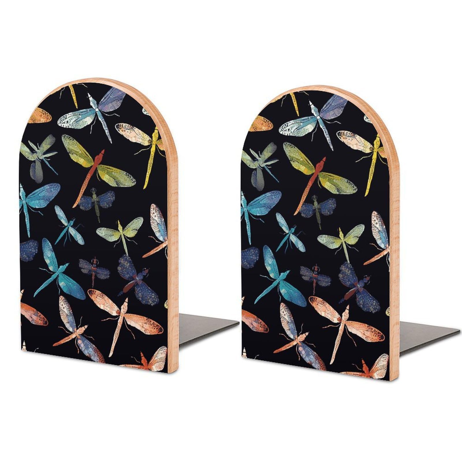 Colorful Dragonfly Bookend Modern Bookends for Shelves Non-Skid Book Holder Heavy Duty Metal Book Storage for Books CDs Decorative Book Stopper for Home