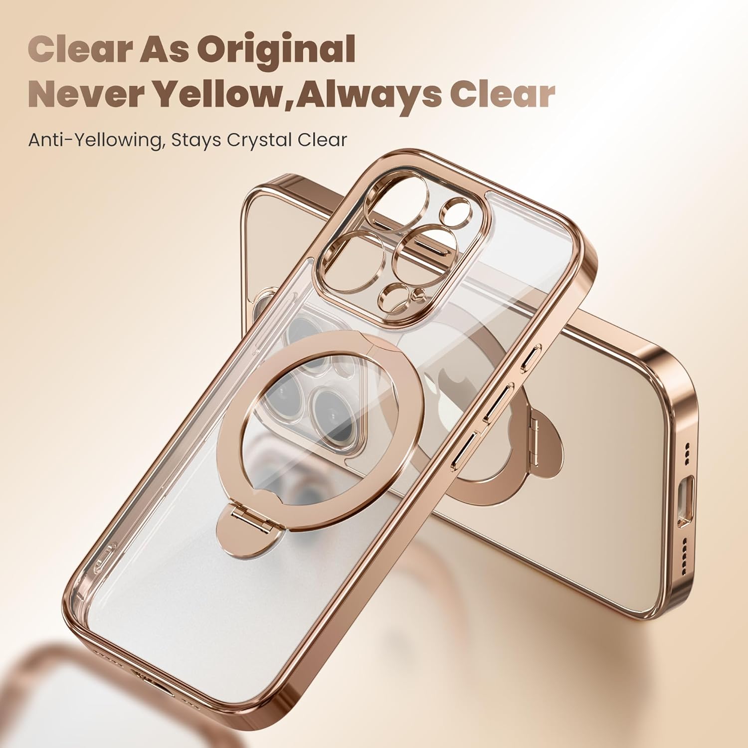 Desert Titanium for iPhone 15 Pro Max Case With 360° Spin Magnetic Stand,[Compatible With Magsafe] [Military Protection][Built-in Ring Holder]Shockproof Phone Case for 15 Pro Max,Rose Gold/Clear - Image 9