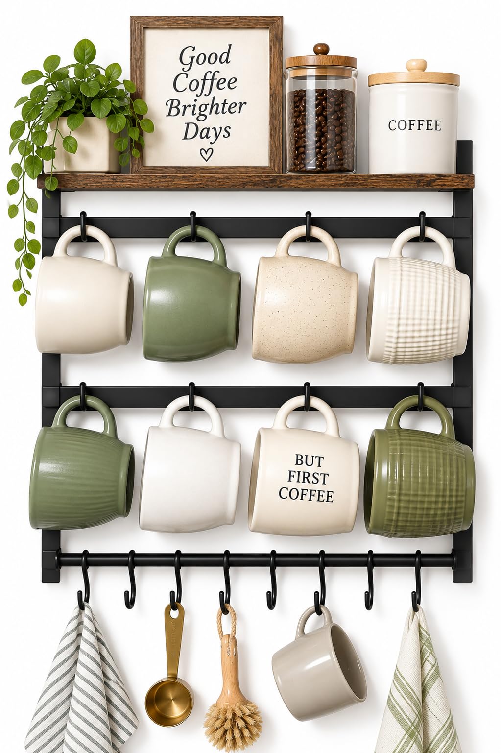 4-Tier Coffee Mug Holder Wall Mounted, Metal Wood Coffee Cup Rack