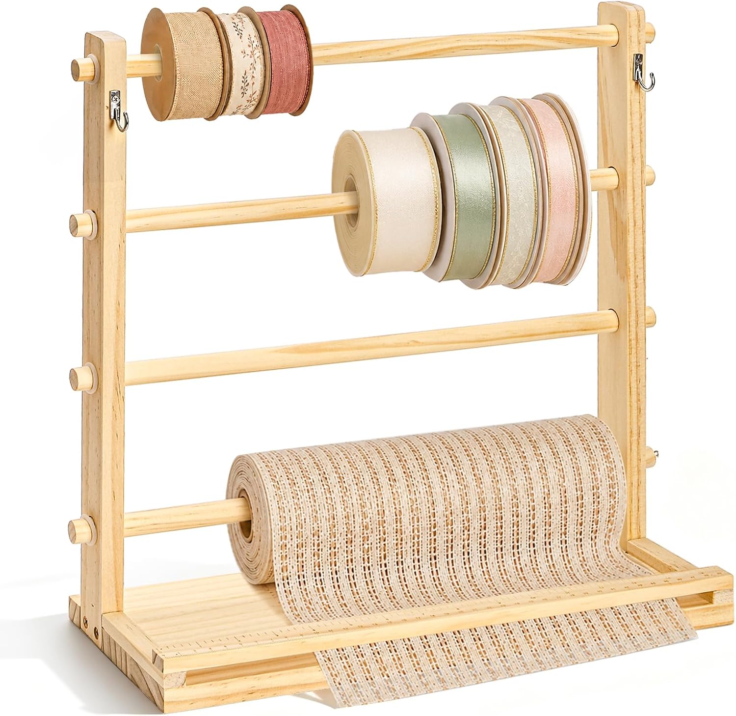 Tosnail Wooden Ribbon Organizer Rack, 4 Tier Ribbon Spool Holder, Washi Tape Holder Organizer, Mesh Tulle Roll Storage, Crochet Thread Rack for Sewing Craft Room Storage and Organization