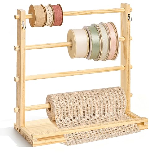 Tosnail Wooden Ribbon Organizer Rack, 4 Tier Ribbon Spool Holder,
