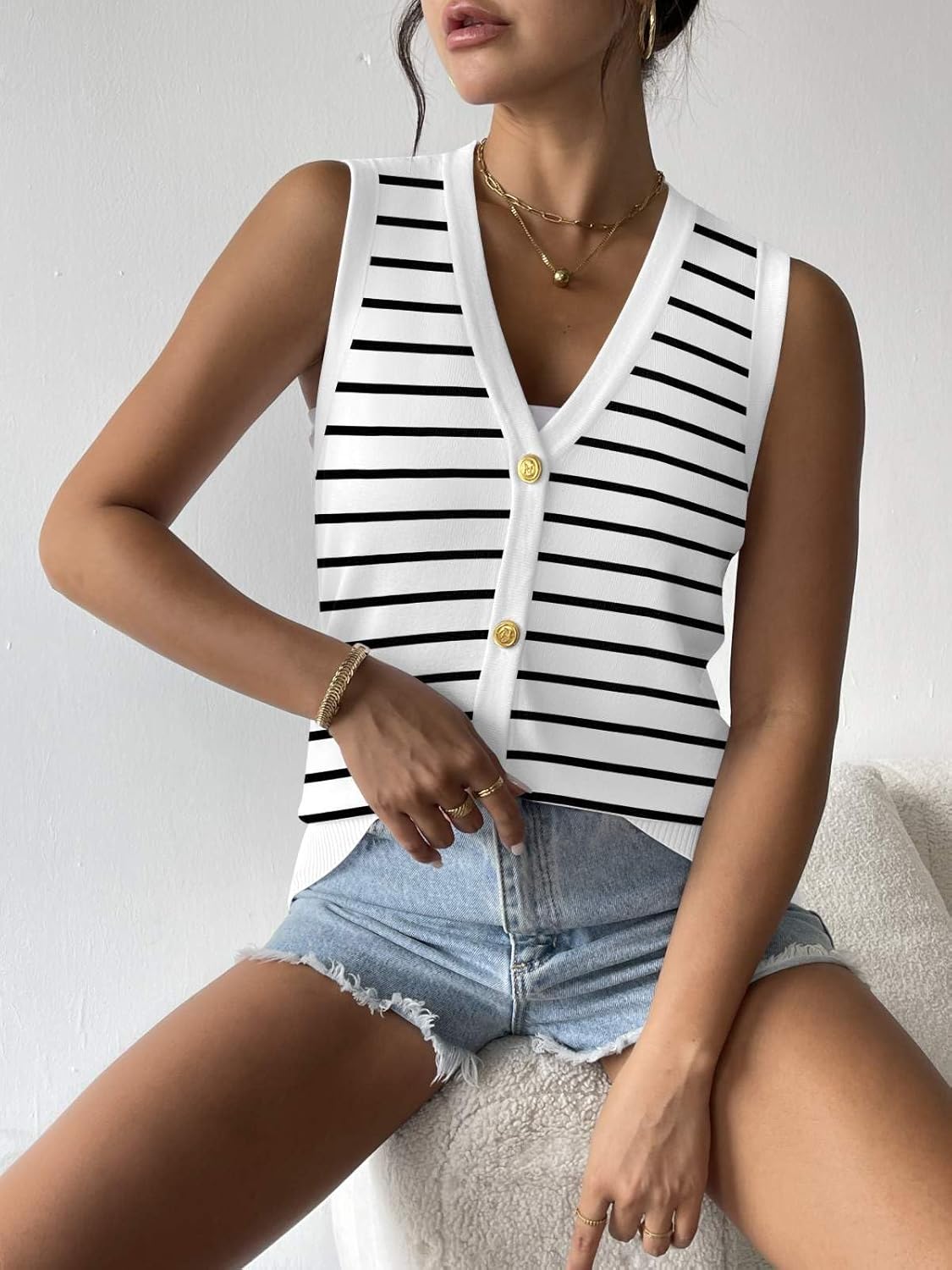 Zeagoo Womens Sweater Vest V Neck Button Down Shirts Trendy Knit Sleeveless Cardigan Top Shirt S-XXL - Image 3