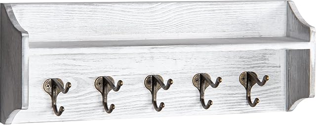 Lavievert Coat Hooks with Storage Shelf Wall-Mounted, Rustic Wood Hanging Coat Rack with 5 Vintage Metal Hooks for Entryway, Kitchen, Bathroom (White)