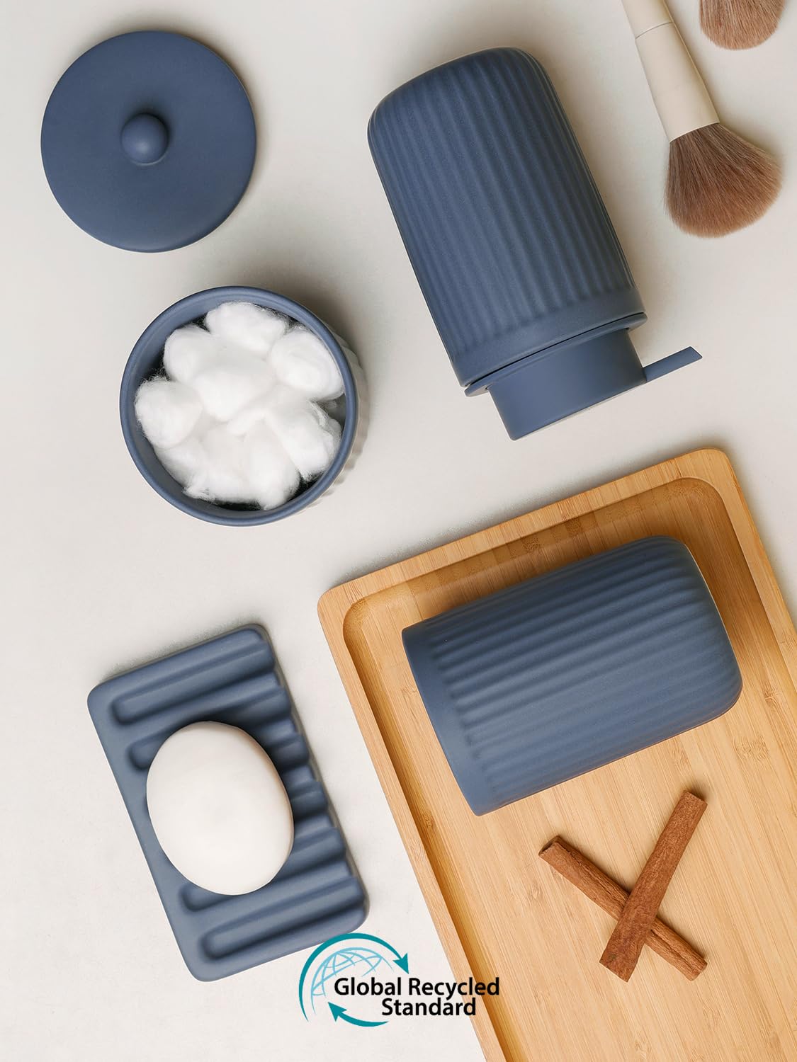 Set de baño azul, 4 piezas de accesorios de baño de cerámica, dispensador de jabón de 350 ml, vaso para cepillos de dientes, jabonera y recipiente para bastoncillos de algodón, set