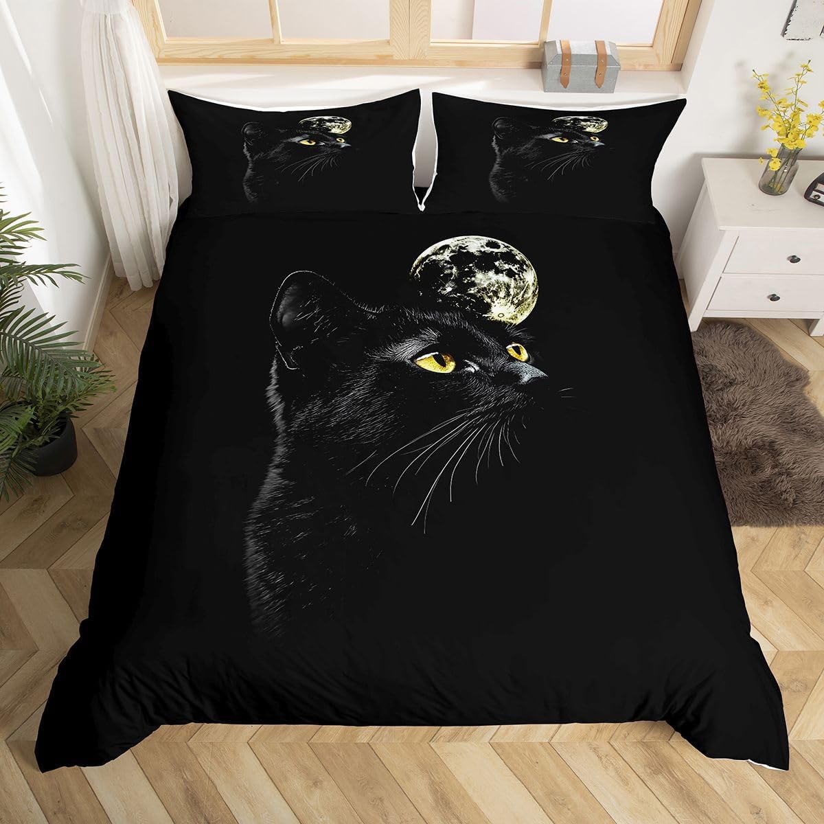 Erosebridal Cat Bedding for Girls Boys Cute Black Cat Pattern Bedspread 3 Piece Black Animal Print Decorative Duvet Cover Set Queen Size Farmhouse Cats Decor Comforter Cover 2 Pillowcases