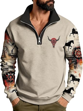 DMOYALA Mens Quarter Zip Pullover Sweatshirt 2026 Spring Trendy Western Aztec Cowboy Shirts Dressy Casual Loose Sweaters