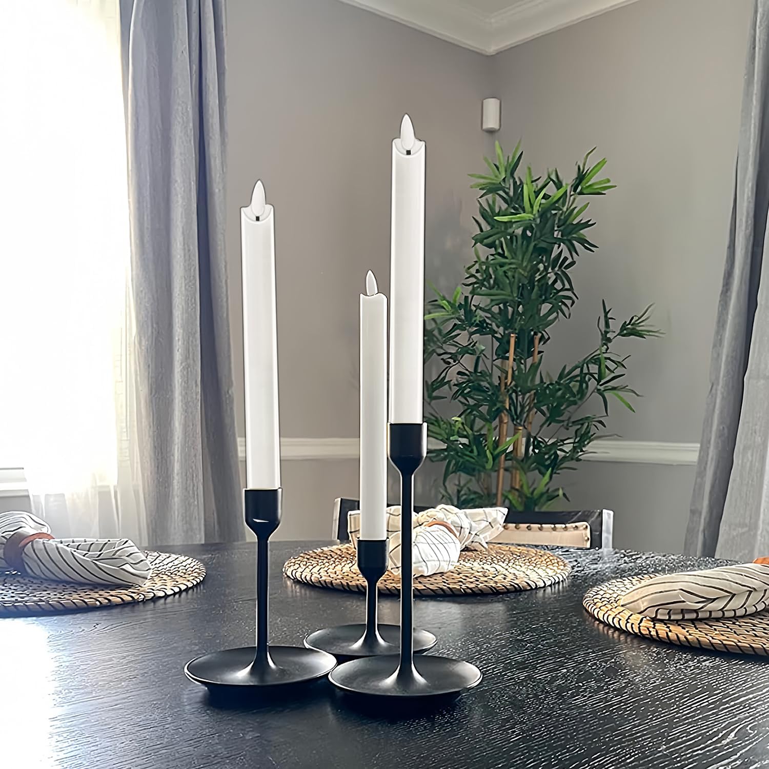 salipt Flameless White Taper Candles Flickering with Timer and 10-Key Remote, Battery Operated LDE Warm 3D Wick Light Window Candles Real Wax Pack of 12, Christmas Home Wedding Decor(0.78" X 9.64")