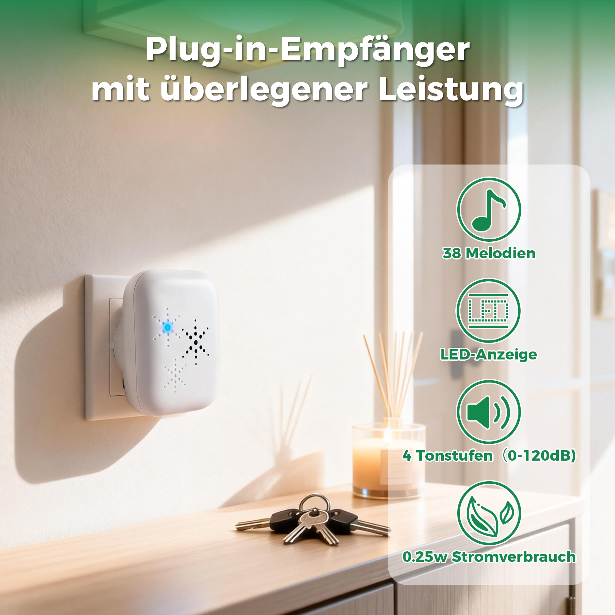 Funkklingel Türklingel Set – Kabellos & Batterielos, 4 Lautstärken, 120dB, 400m Reichweite, Wasserdicht, 38 Melodien, 1 Sender+1 Empfänger