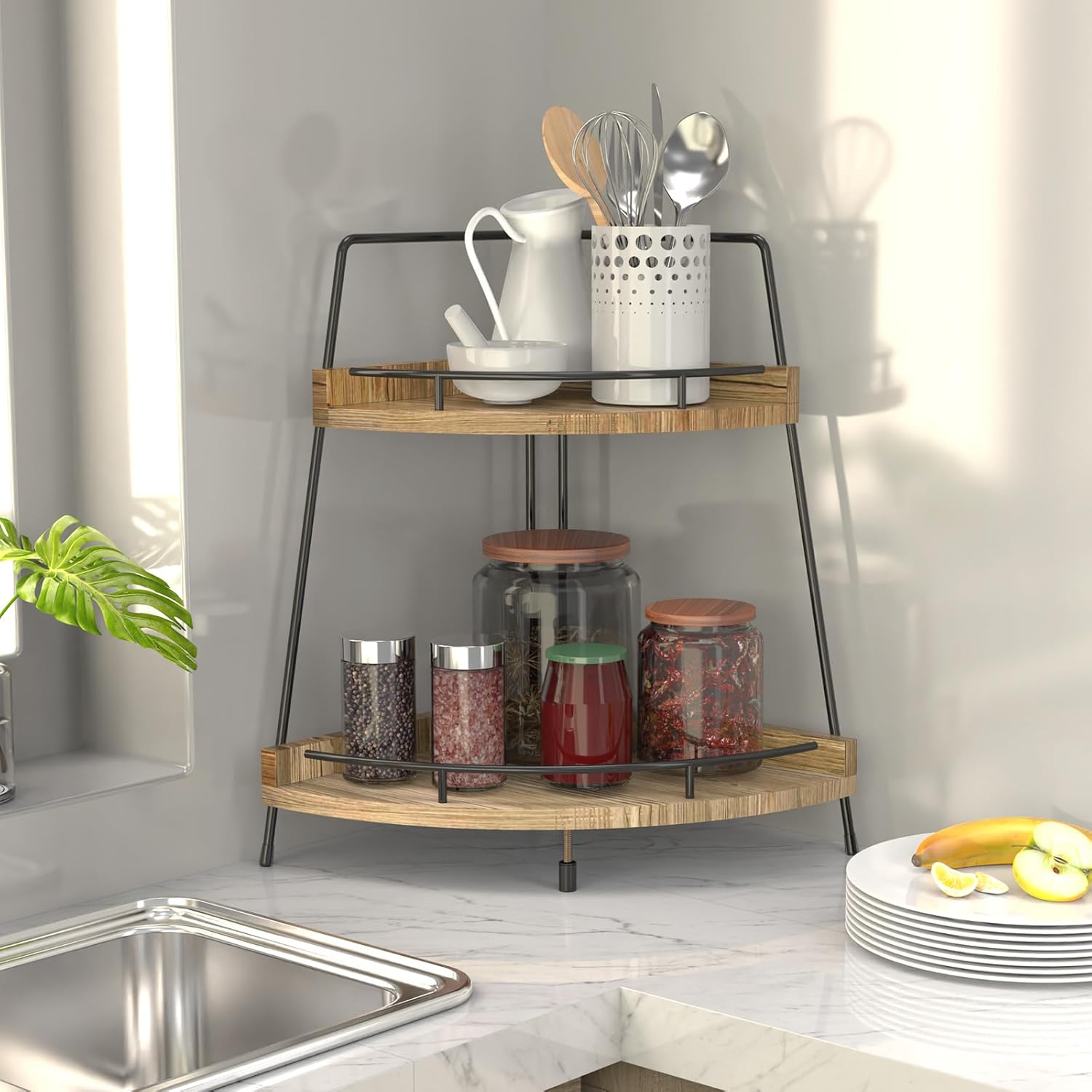 Ochine 2-Tier Bathroom Counter Organizer, Wood Bathroom Organizer Countertop, Corner Storage Shelf, Vanity Counter Shelf Organizer, Bathroom Storage Organizer for Kitchen, Dresser