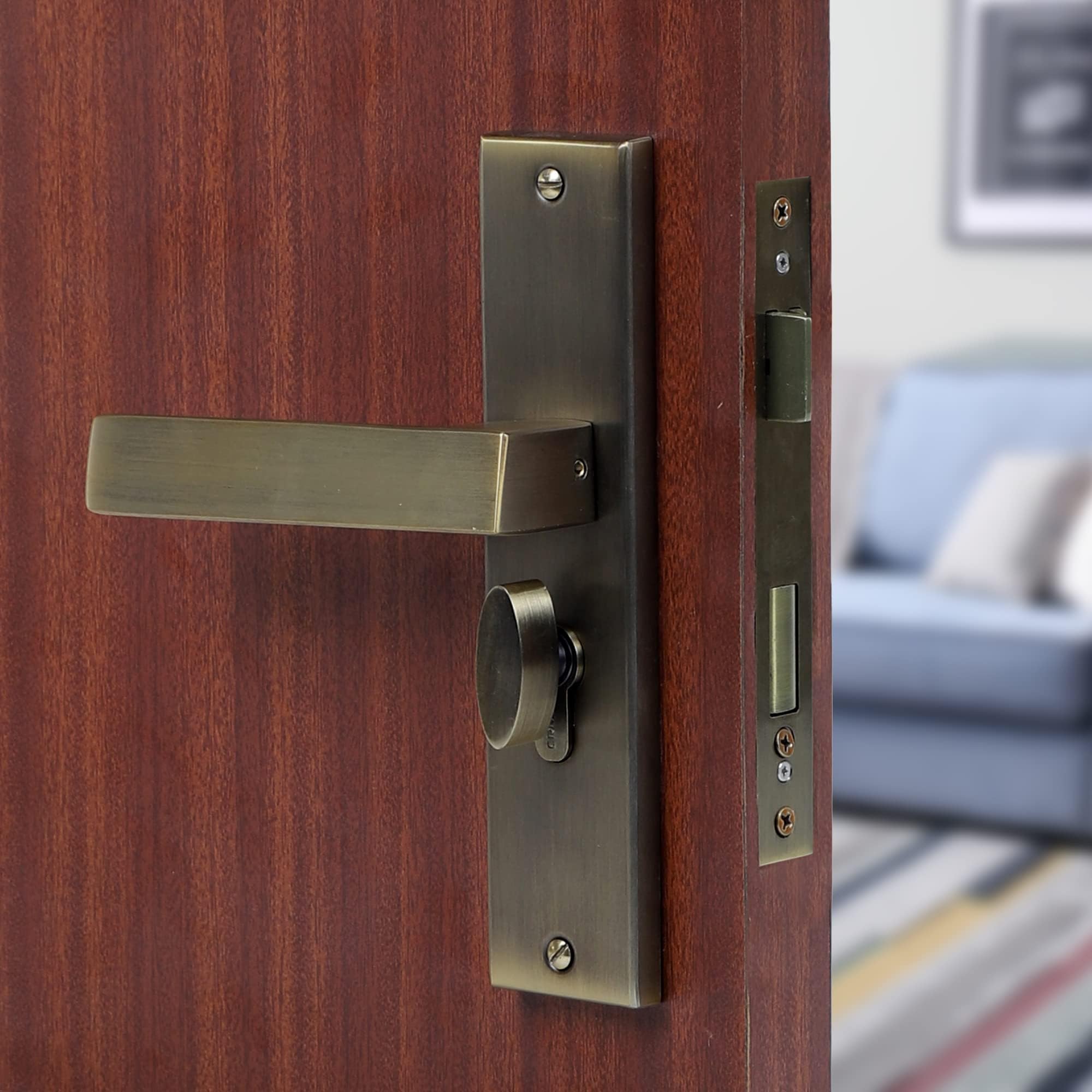 Blue Space Premium 8" Cylindrical Plate Mortise Door Lock Handle Set/Mortise Lock with Brass Lock Body and One Side Key 60mm Brass Cylinder Set with 3 Brass Computer Keys (LB10003, Antique)