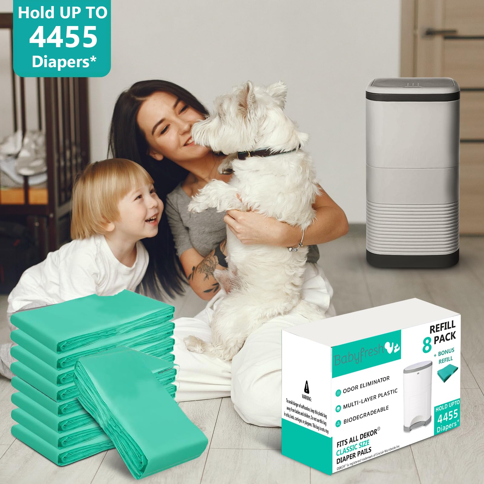 Recambios compatibles con cubos de pañales clásicos DEKOR, paquete de 8 unidades más 1 bolsa de repuesto exclusiva de 30% de grosor extra con potente aroma a polvo fresco para eliminar olores