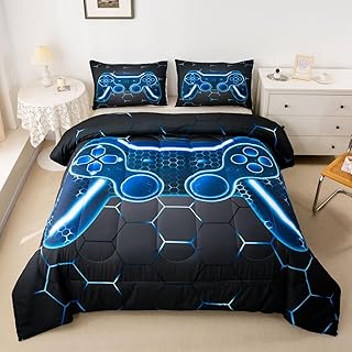 Feelyou Gamer Comforter Set for Kids Boys Teens Twin Size Game Controller Comforter 2Pcs Gaming Gifts Bedding for All Season(Twin,Blue)