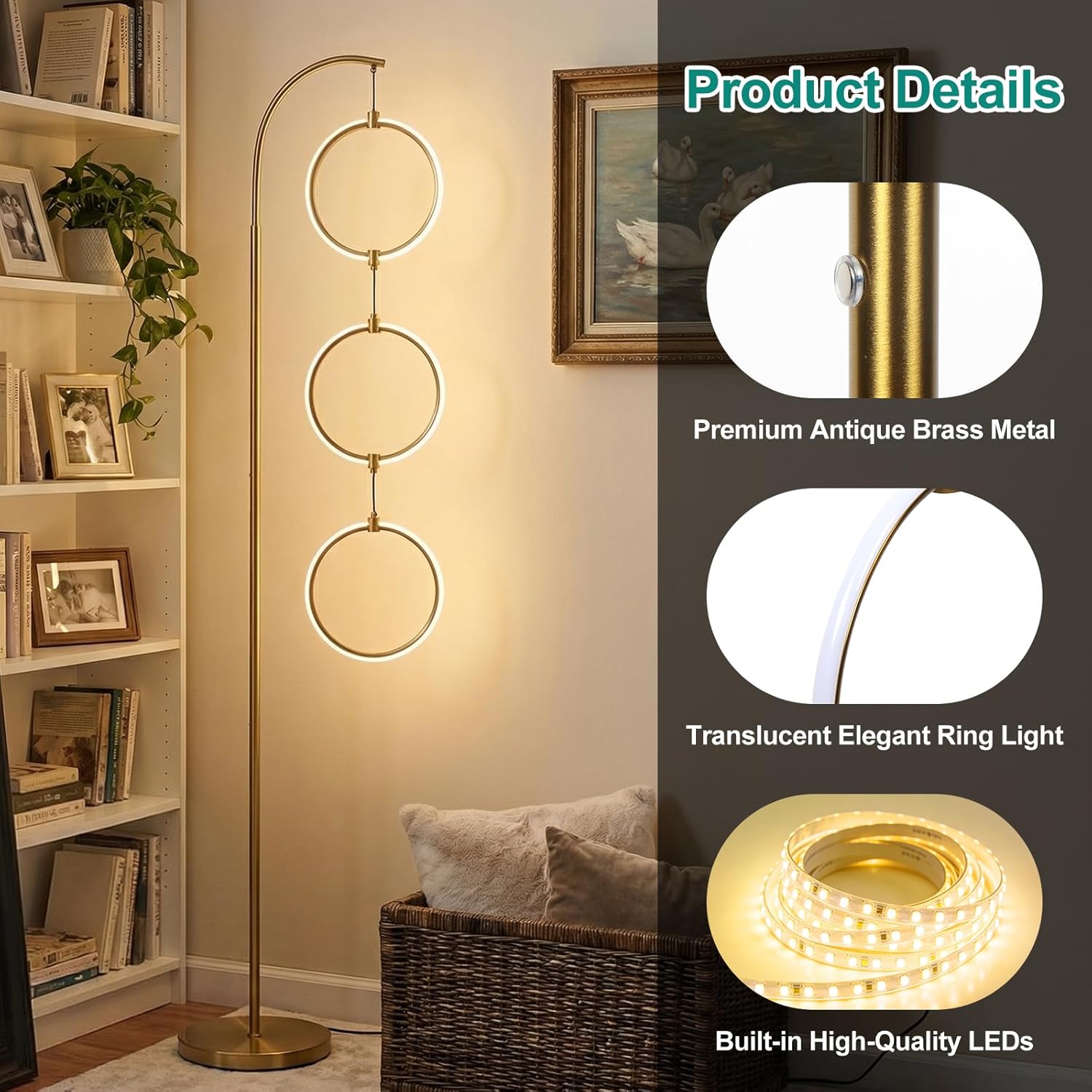 Gold 3-Light LED Floor Lamp, Modern Arc Floor Lamp for Living Room, Industrial Stepless Dimmable & 3-Way Dimmable Tall Arch Standing Floor Lamp for Reading, Bedroom, Office, Antique Brass