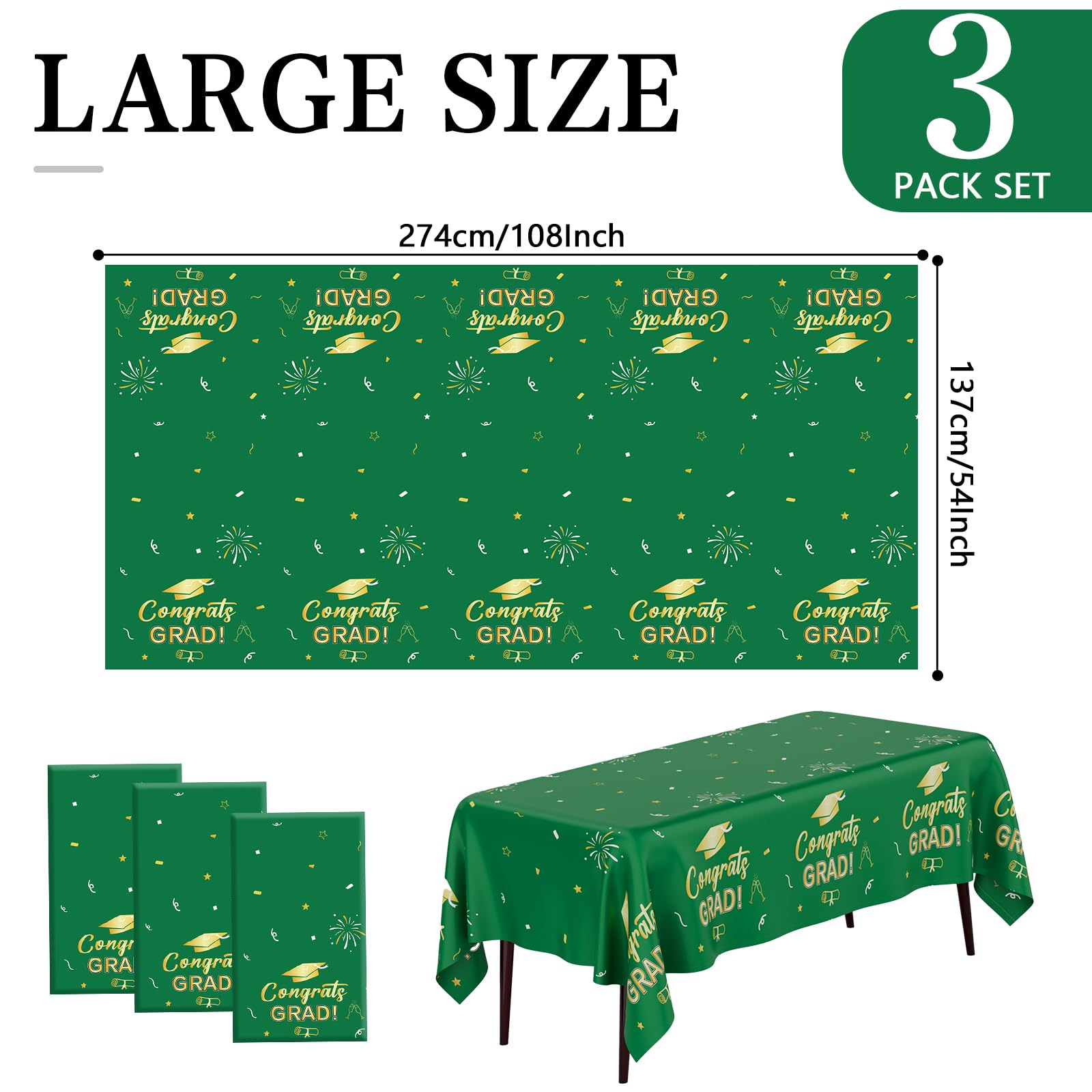 Graduation Tablecloth, Graduation Party Decorations 2025, 3 PCS Green Gold Graduation Table Cloth, 54”x108” Disposable Plastic Congrats Grad Tablecover for Graduation Party Supplies Table Decorations