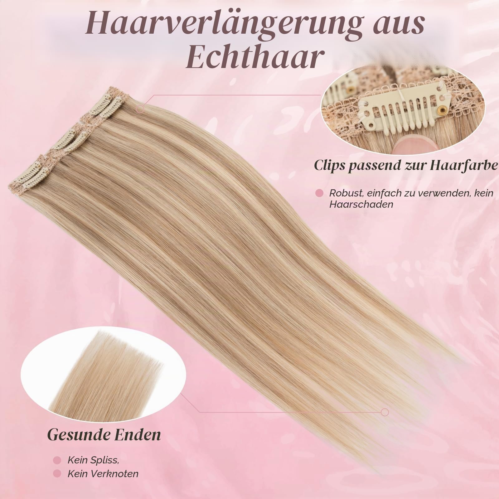 MY-LADY Clip in Extensions Echthaar 6 Stück, 40cm Haarverlängerung Natürlich, Single Clip Hair Extension Highlights für Frauen Damen Glatt Goldbraun&blond(#12P613, 40g)