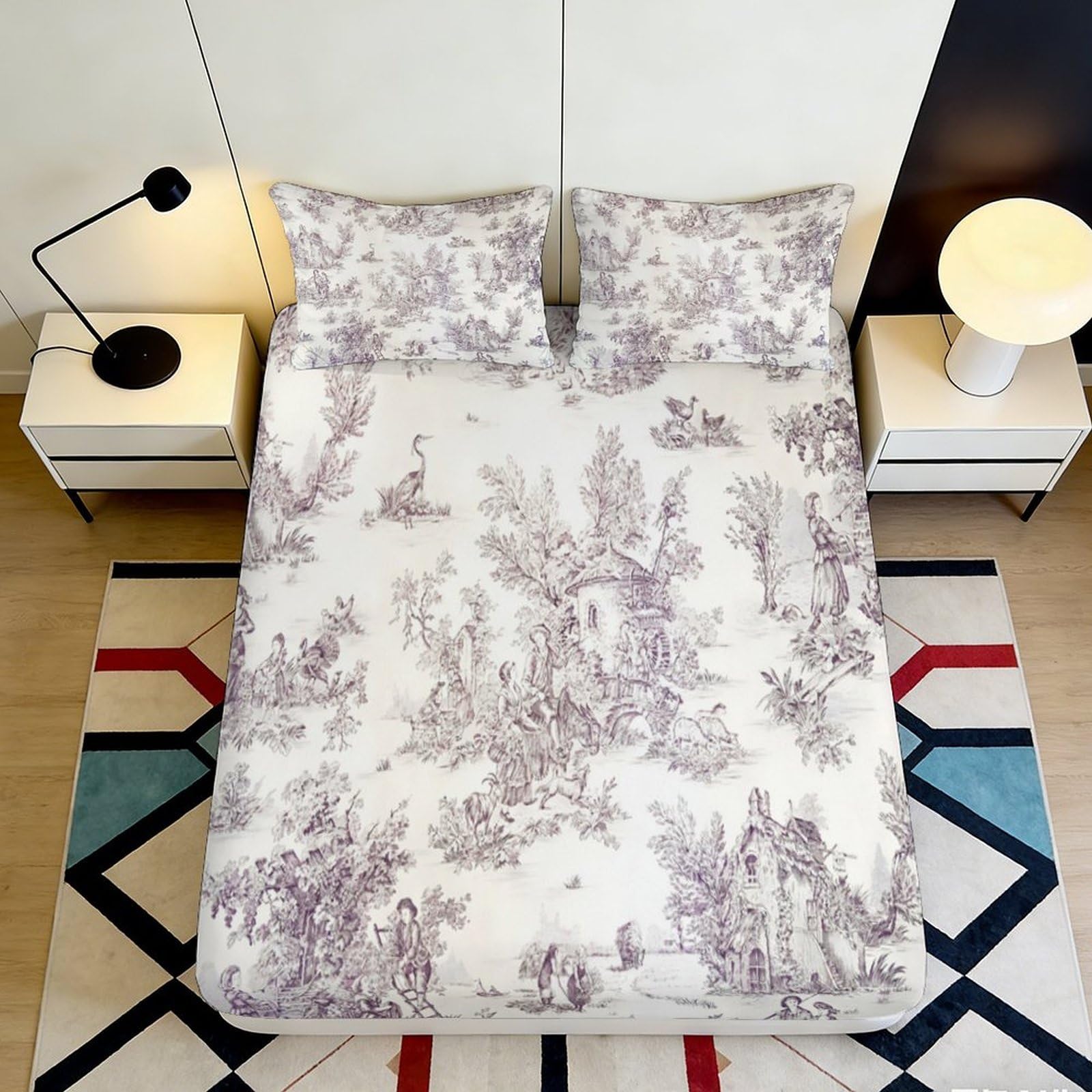 3D Printed Pastoral Landscape Fitted Sheet Microfiber Soft Anti-Slip French Toile Bed Cover for Bedroom Guest Room Decor 90x200x25cm