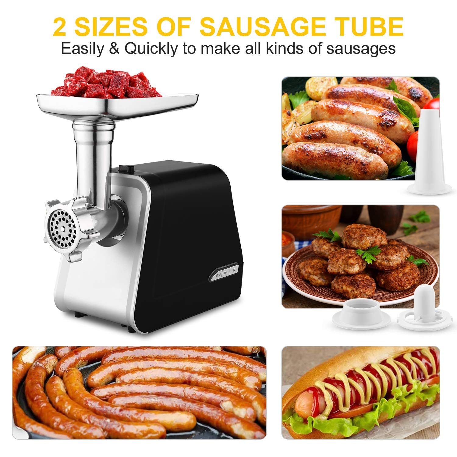 Picadora de carne eléctrica profesional de 2000 W, con relleno de salchichas y accesorio para galletas, máquina de embutidos, máquina de carne con 3 discos perforados para carne picada, mett y