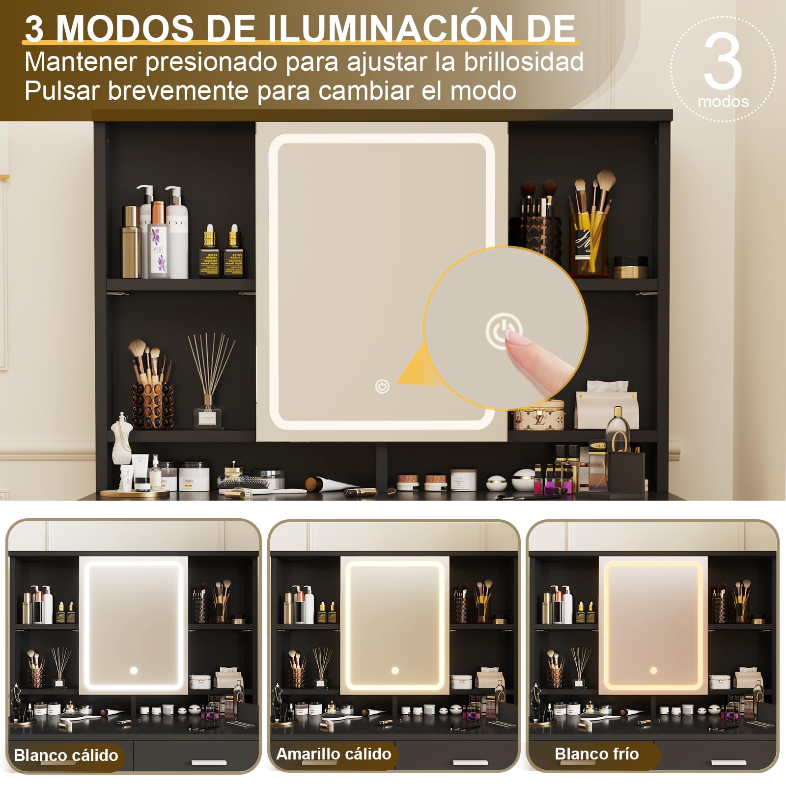 Airfish Tocador de Maquillaje con Espejo y Luces LED, 3 Colores Brillo Ajustable, Mesa de Maquillaje con Espacio para Joyas, Estantes Ajustables,9 Ganchos y 2 Cajones, 90x40x135,8 CM Moderno, Negro