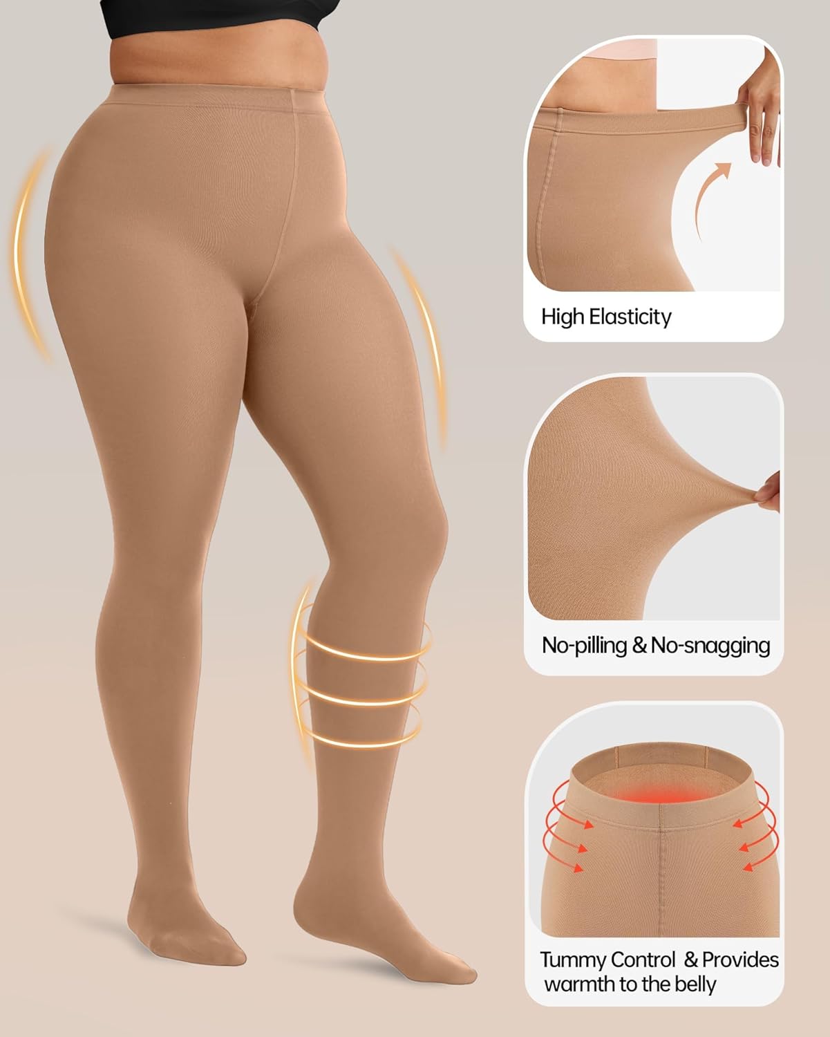 OEAK Womens Fleece Lined Tights Leggings Plus Size Thermal Warm Thick Opaque Tights Tummy Control High Waisted Pantyhose - Image 3