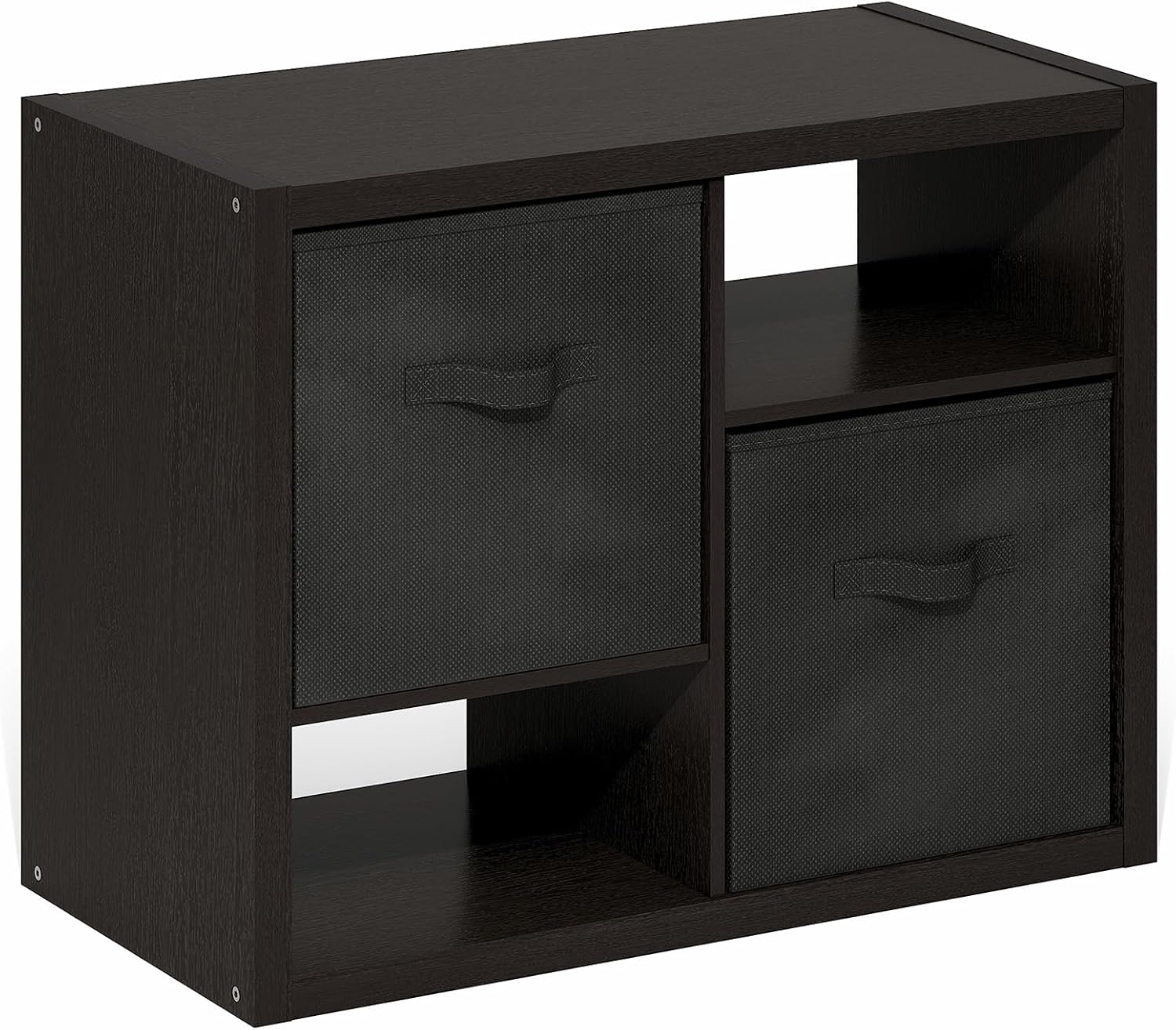 Furinno Viola Storage Shelf, 4-Tier Storage Rack with Bins, Book Shelf, Bookshelf, Display Rack with Drawer Bins, Extra Thick Frame, for Organization, Living Room, Home Office, Black Dark Oak