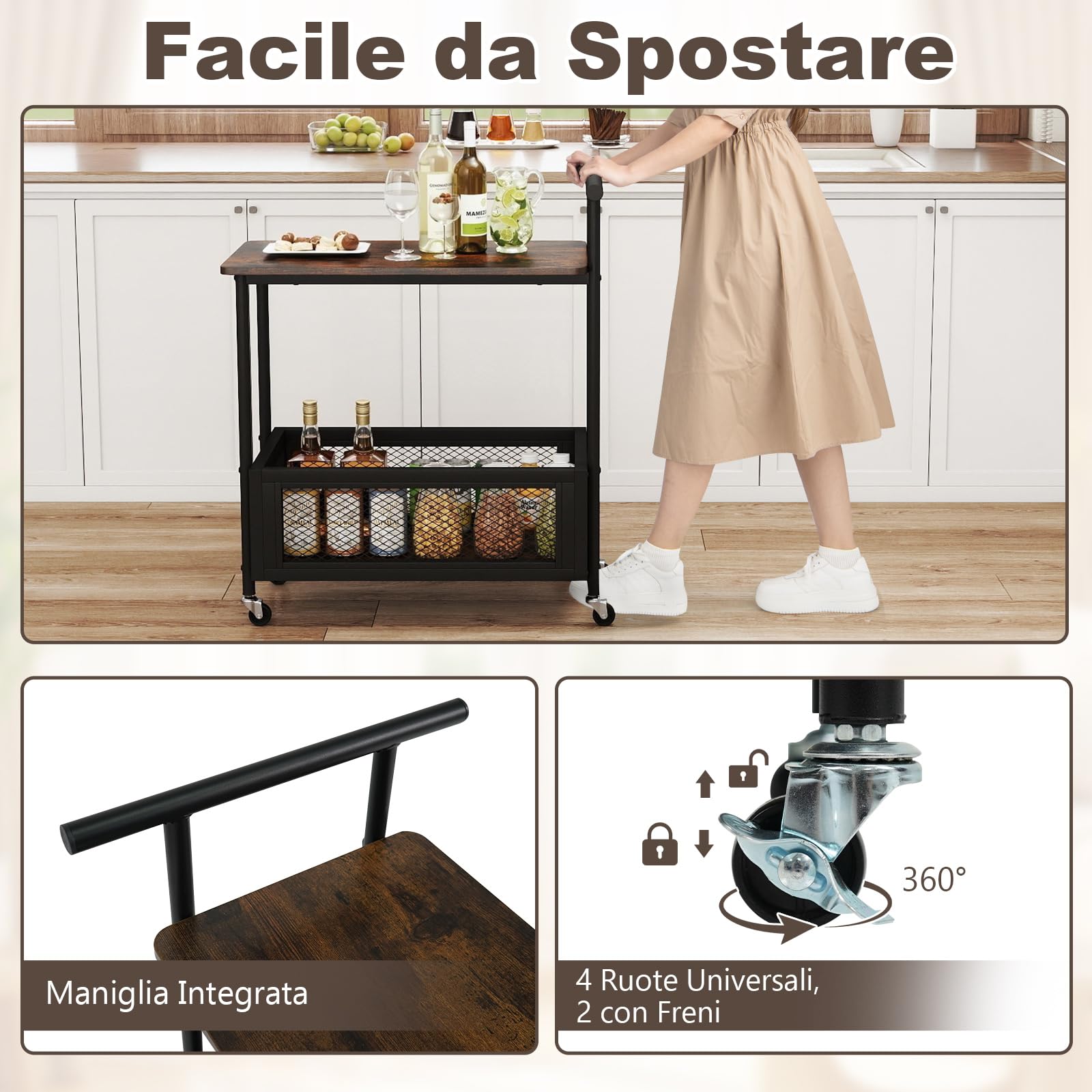 COSTWAY Tavolino da Divano e Letto con Ruote Bloccabili e Maniglia, Tavolino Laterale a 2 Ripiani con Mensola Aperta e Cestello in Rete, Carrello Porta Snack per Salotto e Camera da Letto