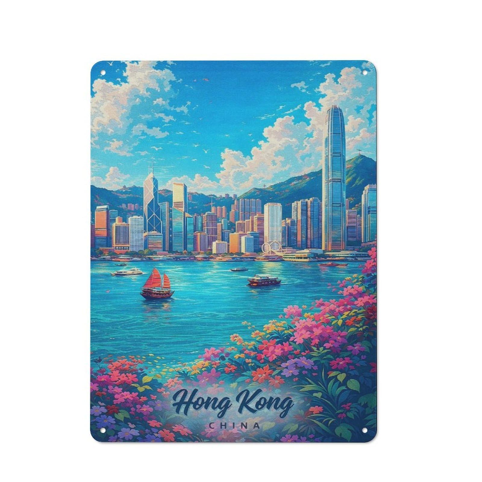 Junmoney Style-20 Urban Hong Kong Skyline With Flowers Decorative Metal Plaque 40X30cm, Urban Room Decor For Flat, Bar, Studio Or Gallery Wall