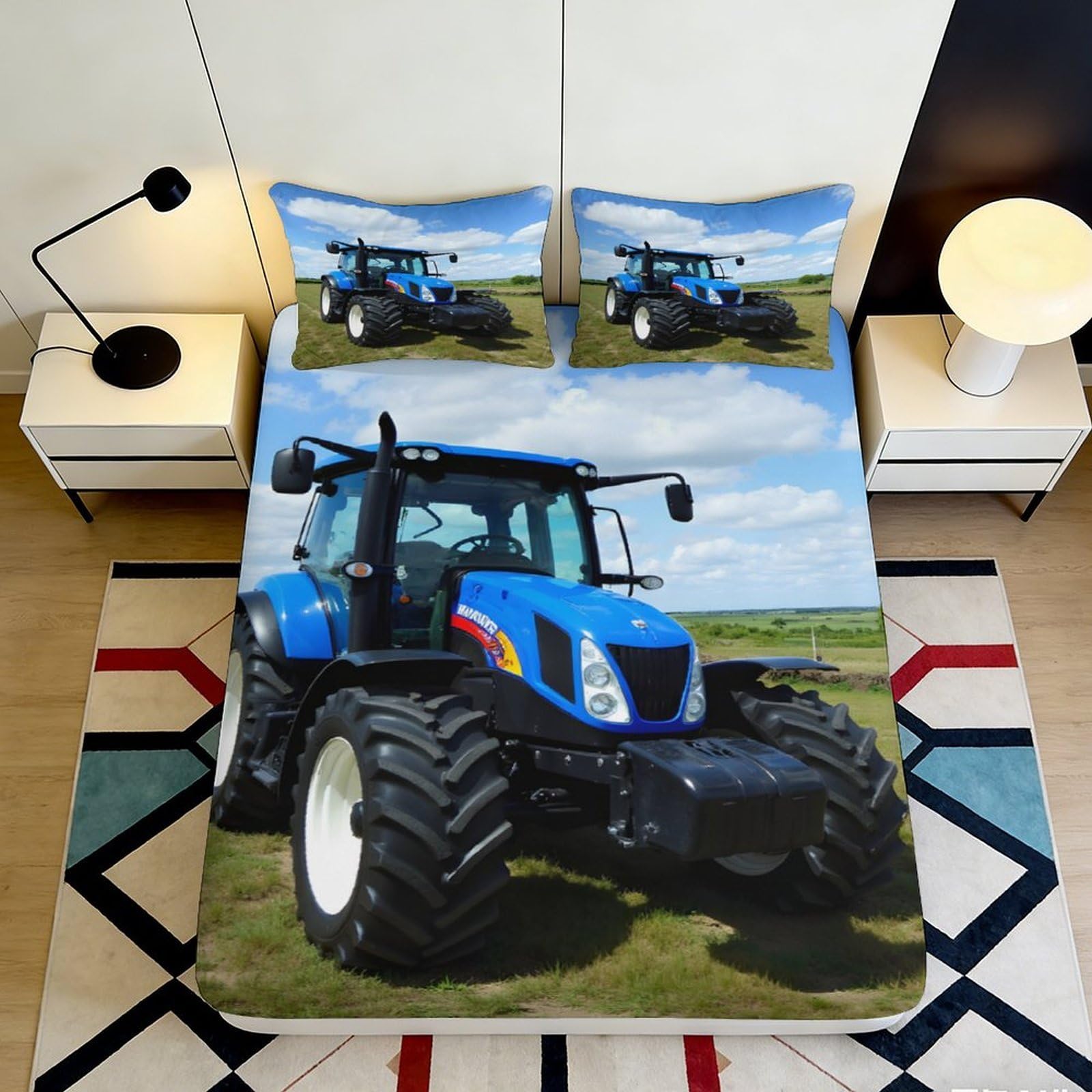 Pnayamiorkfel Style-1 3D Printed Blue Tractor Fitted Sheet Microfiber Soft Breathable Farm Landscape Bed Cover For Bedroom Dorm Mattress Protection 90X200x25cm