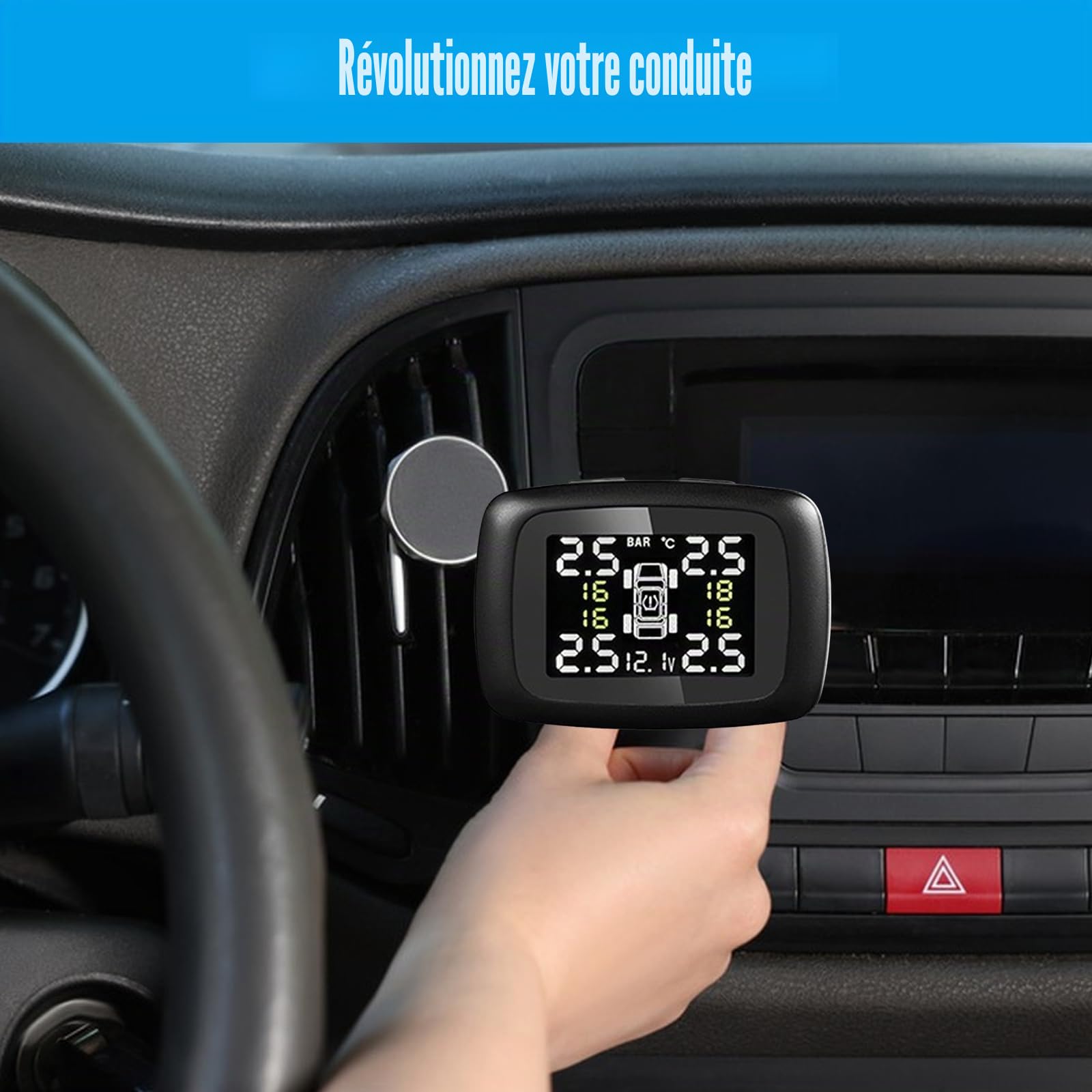 Système de surveillance de pression des pneus, système de pression des pneus TPMS sans fil pour voiture, 6 modes d'alarme, luminosité de l'écran et angle de moniteur réglables pour camping-car, SUV