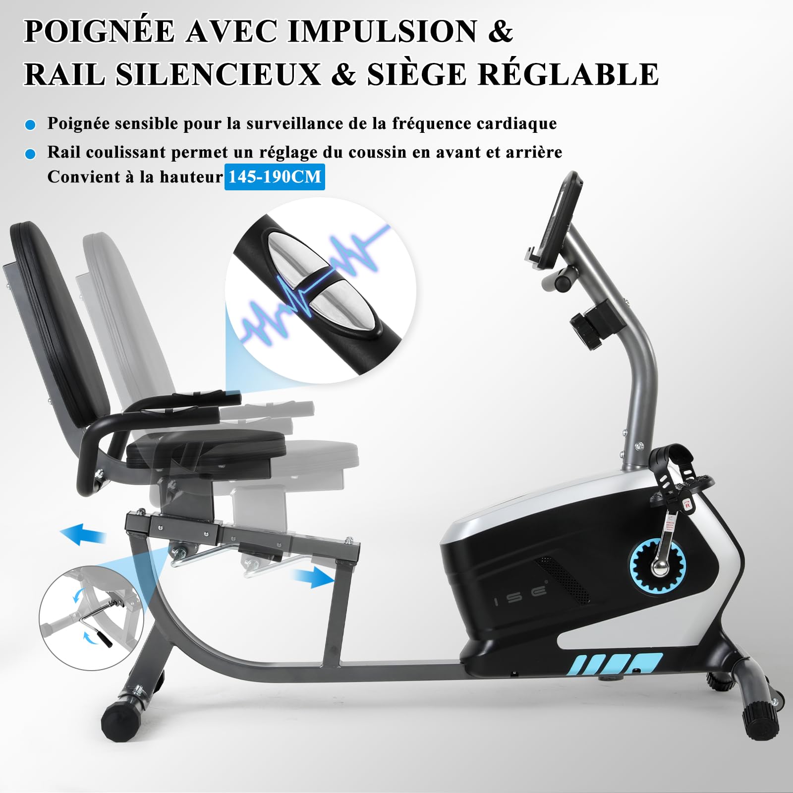 ISE Vélo d'Appartement Semi-Allongé Magnétique, Vélo Couché 8 Niveaux Résistance, Velo Semi Allongé Roue Transport, Impulsion&Ecran LCD, Velo d appartement Semi Allongé Siège Réglable Ergonomique