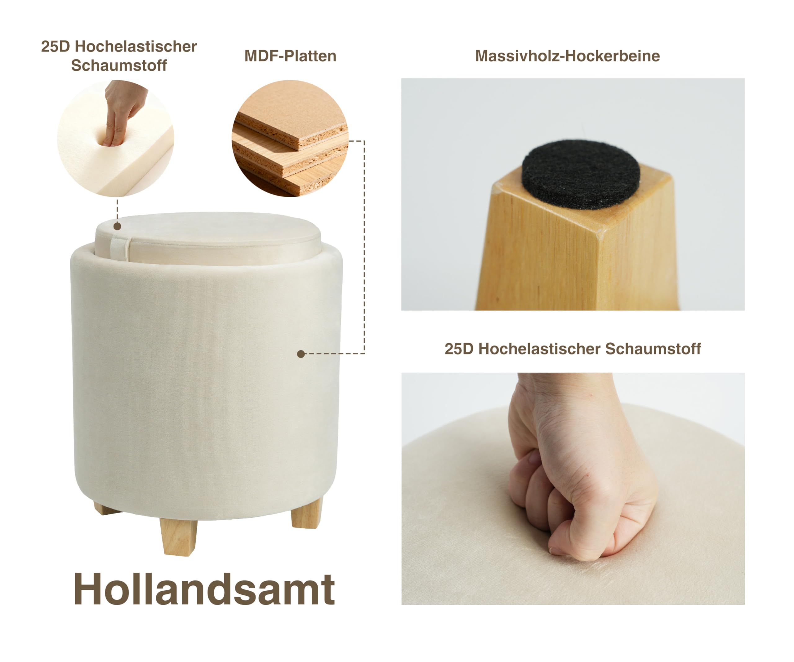 Zedelmaier Zylindrischer Samthocker Sitzhocker mit Stauraum rund, Sitzhocker mit Deckel, Schminkhocker, Fußhocker mit Aufbewahrungsbox, Polsterhocker mit Holzbeinen, Couchtisch, φ36x45cm Beige