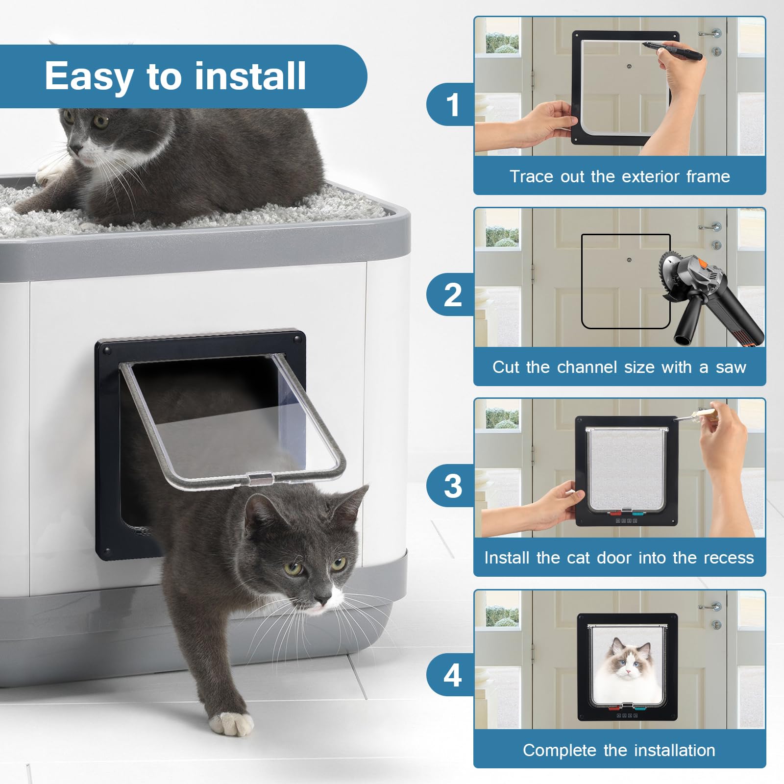 Roxanex Gatto Porta Porta scorrevole di sicurezza per animali domestici con serratura a 4 vie, gattaiola resistente alle intemperie per porta interna esterna, finestra a muro (Nero, L)