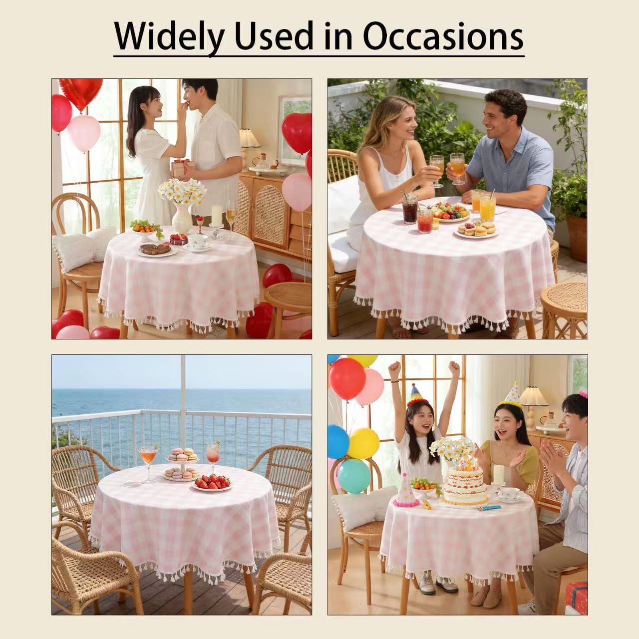 Gingham Round Tablecloth, Tassels Checkered Table Cloth Washable Cotton Linen Plaid Table Cover for Spring Summer Kitchen Dining Party,Pink and White,55x55