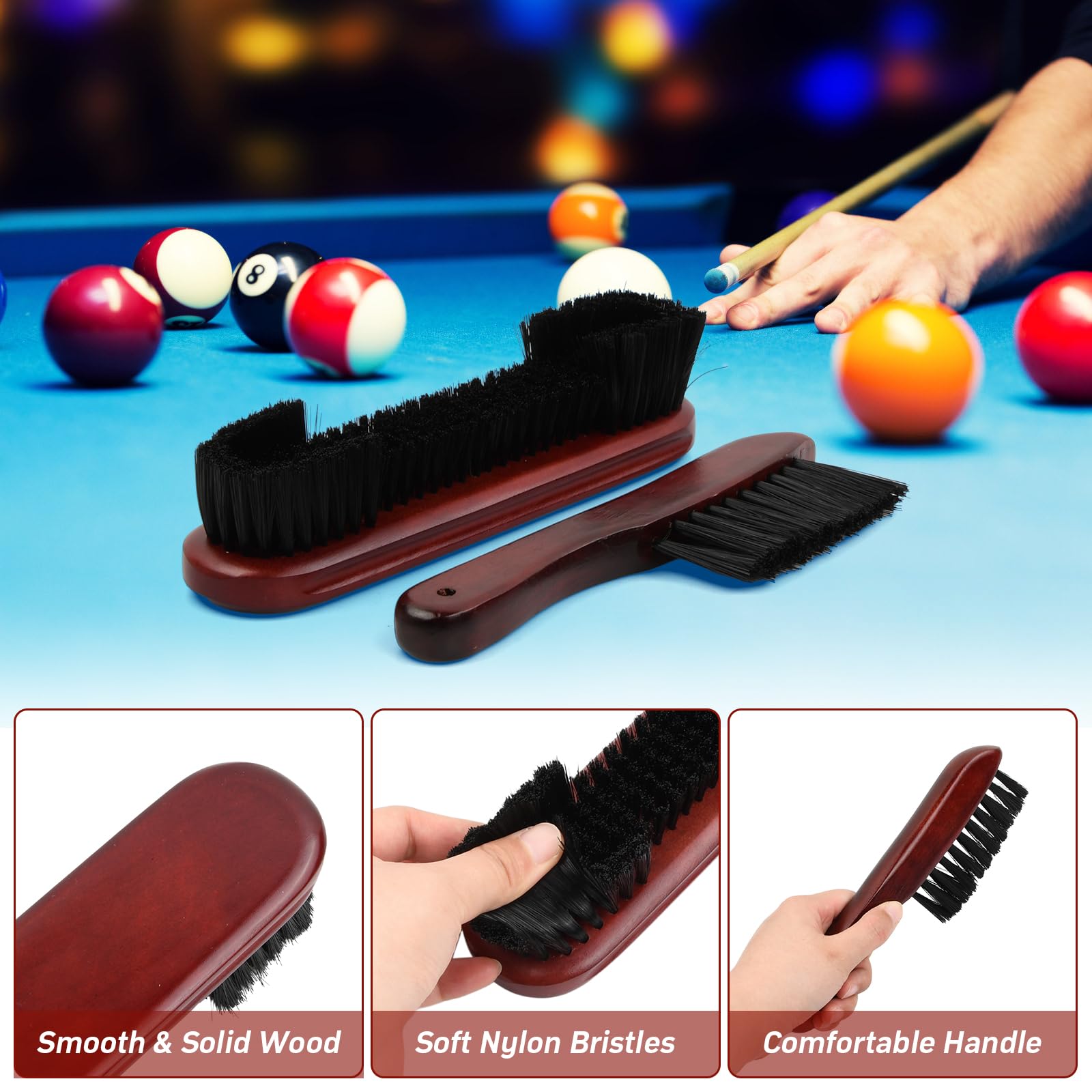 4pcs Kit di Pulizia per Tavolo da Biliardo, Spazzola e Rail Spazzola in Legno Massiccio e Setole in Nylon, Panno e Rullo