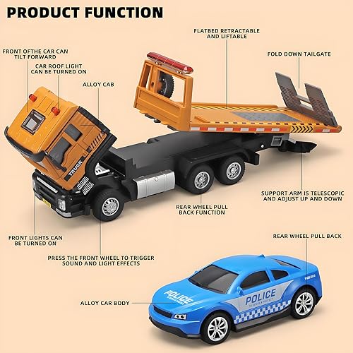Miniatura 3 de Tow Trucks for Boys Age 3-5,Toy Tow Truck Metal Cab,Flatbed Truck Toy with Toy Car,Truck and Trailer Toys for Boys,Pull Back Tow Truck Toy with