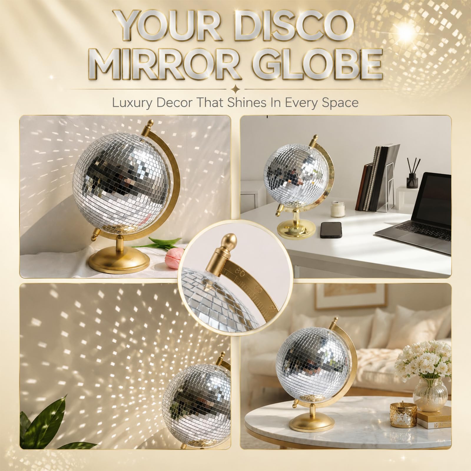 Discokugel Globus Decorazione Casa Statue Arte da Tavolo Classica Scultura Oro Unica Stile Occidentale Moderna Ornamento Estetico Figura 17 x 15 x 23 cm Luminos