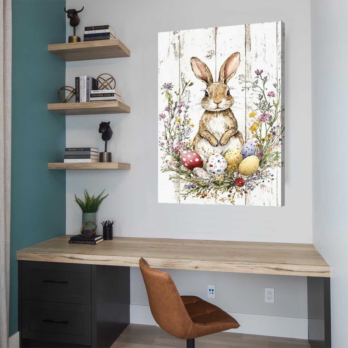 Wielkanocny królik uroczy królik wielkanocny jajka wielkanocne rustykalny obraz na płótnie vintage dekoracja domu na Boże Narodzenie wiosna dekoracje 65 x 100 cm rama wewnętrzna