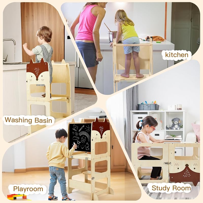 labebe Montessori Tanulótorony 1 Éves Kortól - Összecsukható Fa Konyhai Segítő Gyerekeknek, 3 az 1-ben Funkció Üzenőtáblával, Róka Mintás