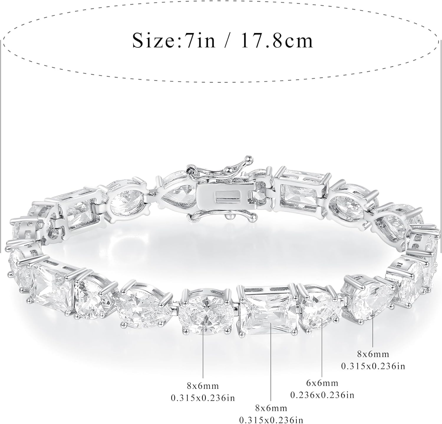 MDFUN 14K White Gold Plated Tennis Bracelet with Heart Oval Teardrop Rectangle Cut Cubic Zirconias for Women Men, 6.5-7.5 inches - Image 6