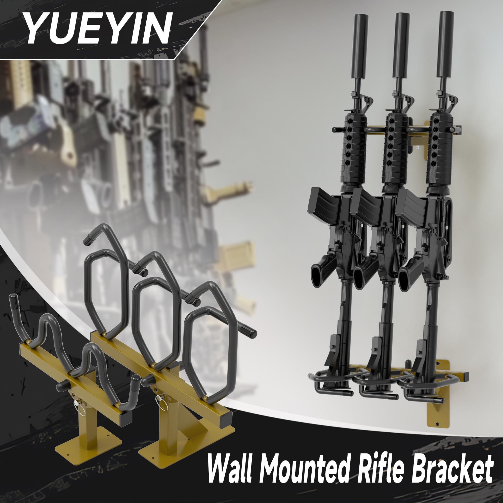 YUEYIN Wall Mounted Rifle Storage Rack, Gun Display Rack with 3 Storage Slots, Metal, Indoor Gun Shelf, Tan